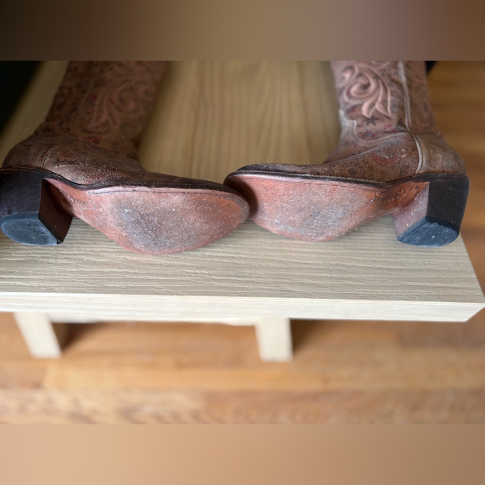 Lucchese Brown Leather Floral Embossed Heeled Cowboy Boots - Picture 3 of 7